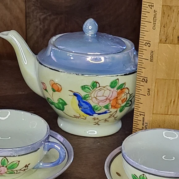 Hand-Painted Floral Luster Ware Tea Set in Lavender and Cream - Picture 8 of 12